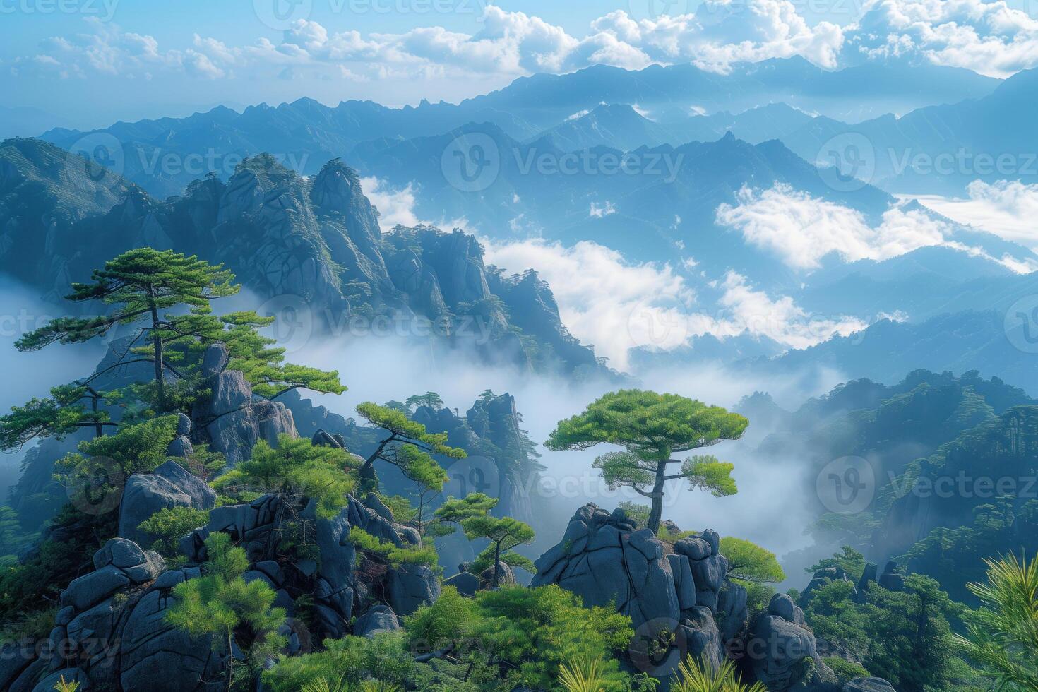 ai genererad berg landskap med tall träd i huangshan, Kina. foto