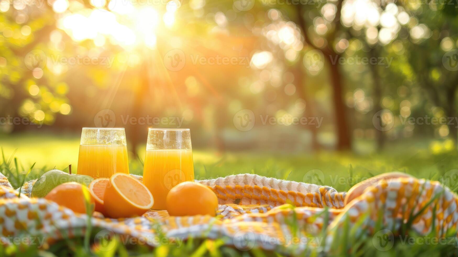 ai genererad picknick med två glasögon av orange juice på grön gräs i sommar solig dag i parkera. vår utomhus foto