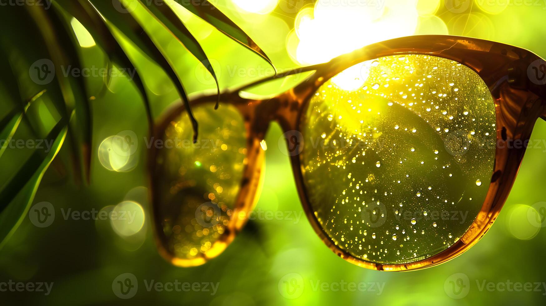 ai genererad tropisk sommar begrepp solglasögon med vatten droppar på grön lövverk bakgrund foto