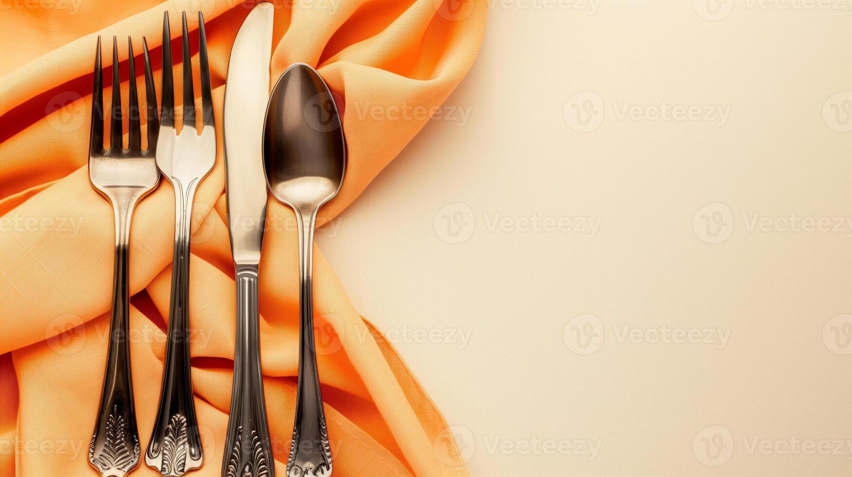 ai genererad elegant silver- bestick uppsättning på orange servett med kopia Plats på beige bakgrund, lämplig för festlig dining eller tacksägelse tabell miljö begrepp foto