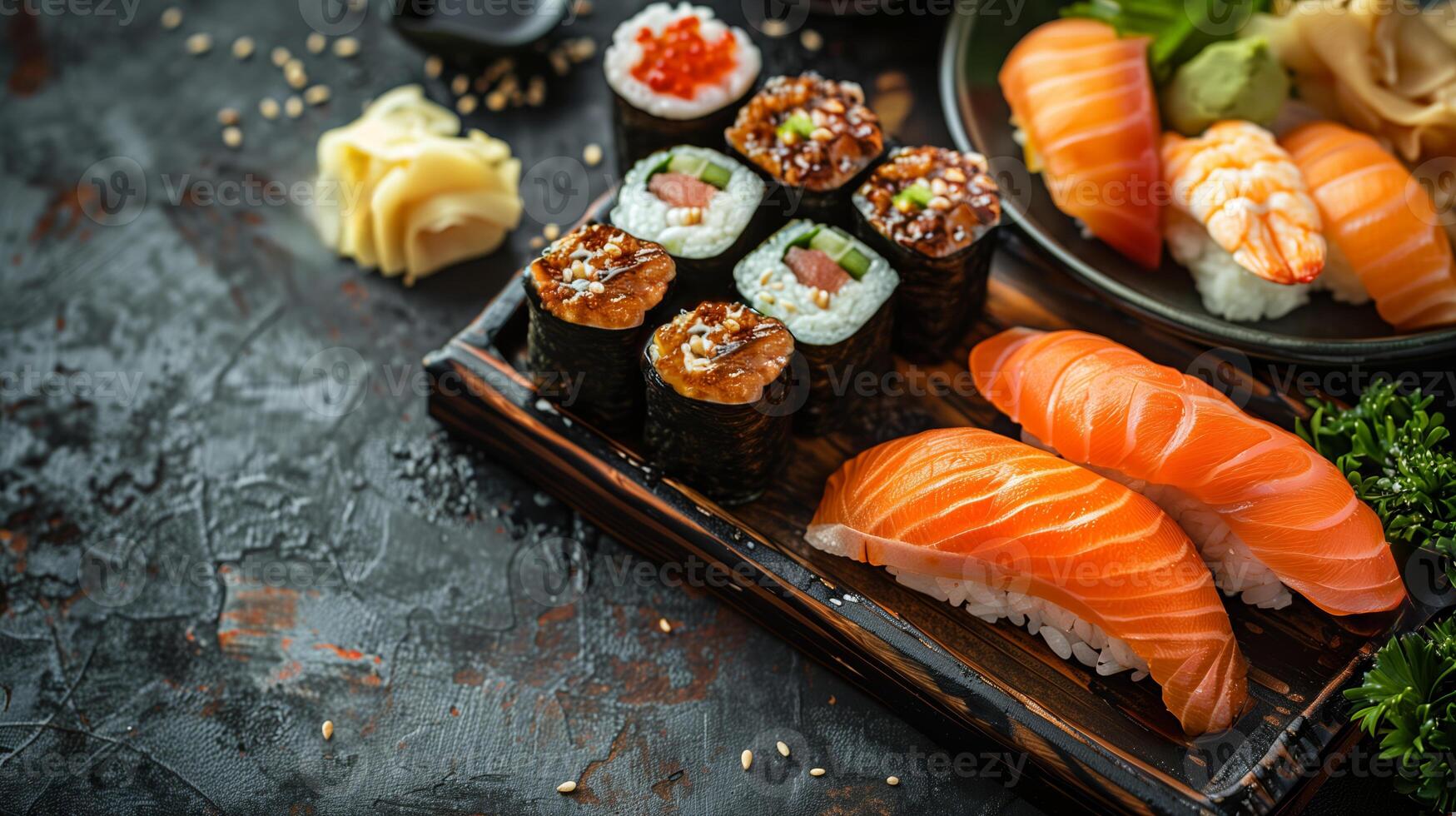 ai genererad blandad färsk sushi och sashimi urval med lax och räka, garnerad med wasabi och ingefära, på en mörk texturerad bakgrund, japansk kök begrepp foto