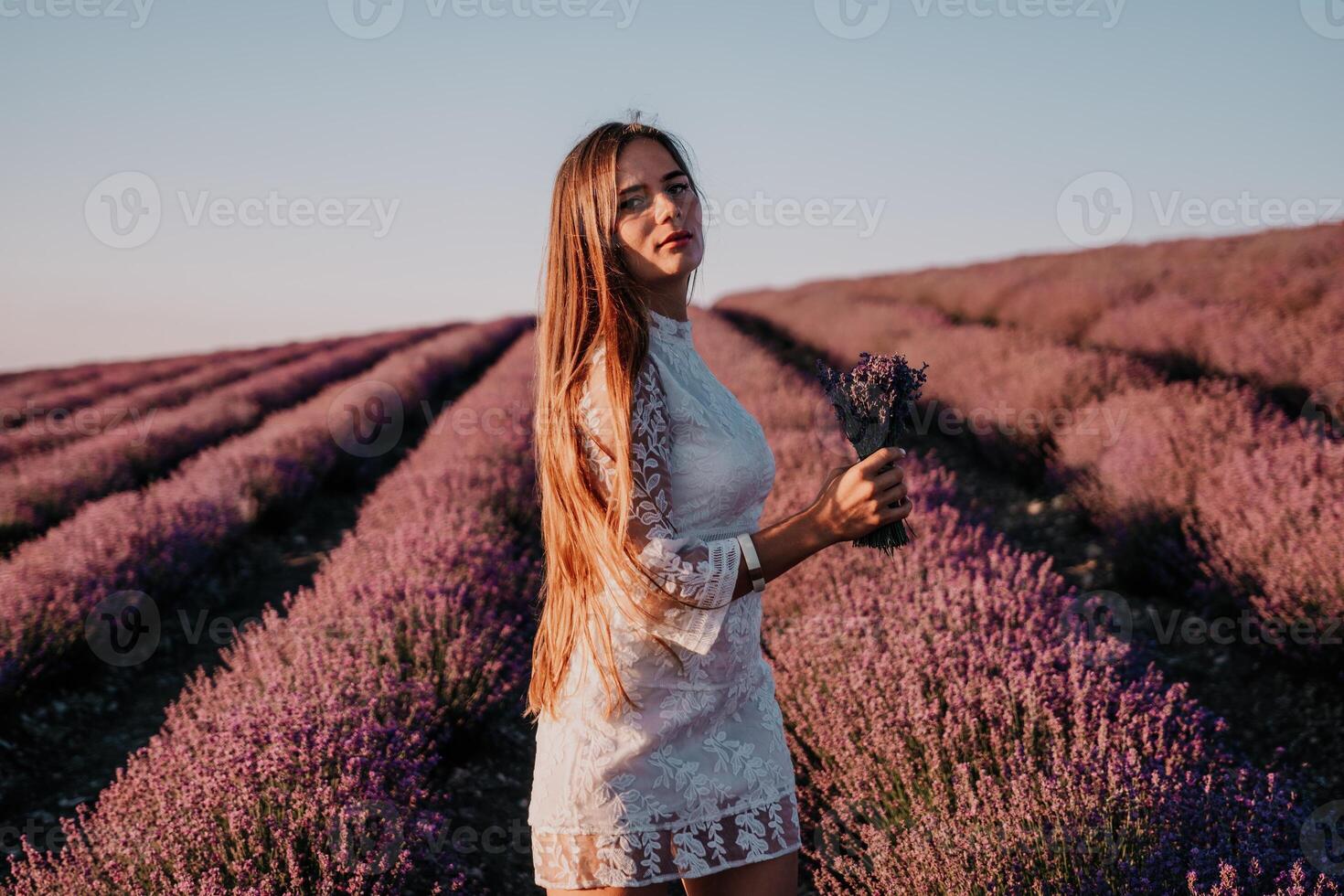 kvinna lavendel- fält. Lycklig sorglös kvinna i en vit klänning gående i en lavendel- fält och lukta en lavendel- bukett på solnedgång. idealisk för värma och inspirera begrepp i reslust och resa. foto