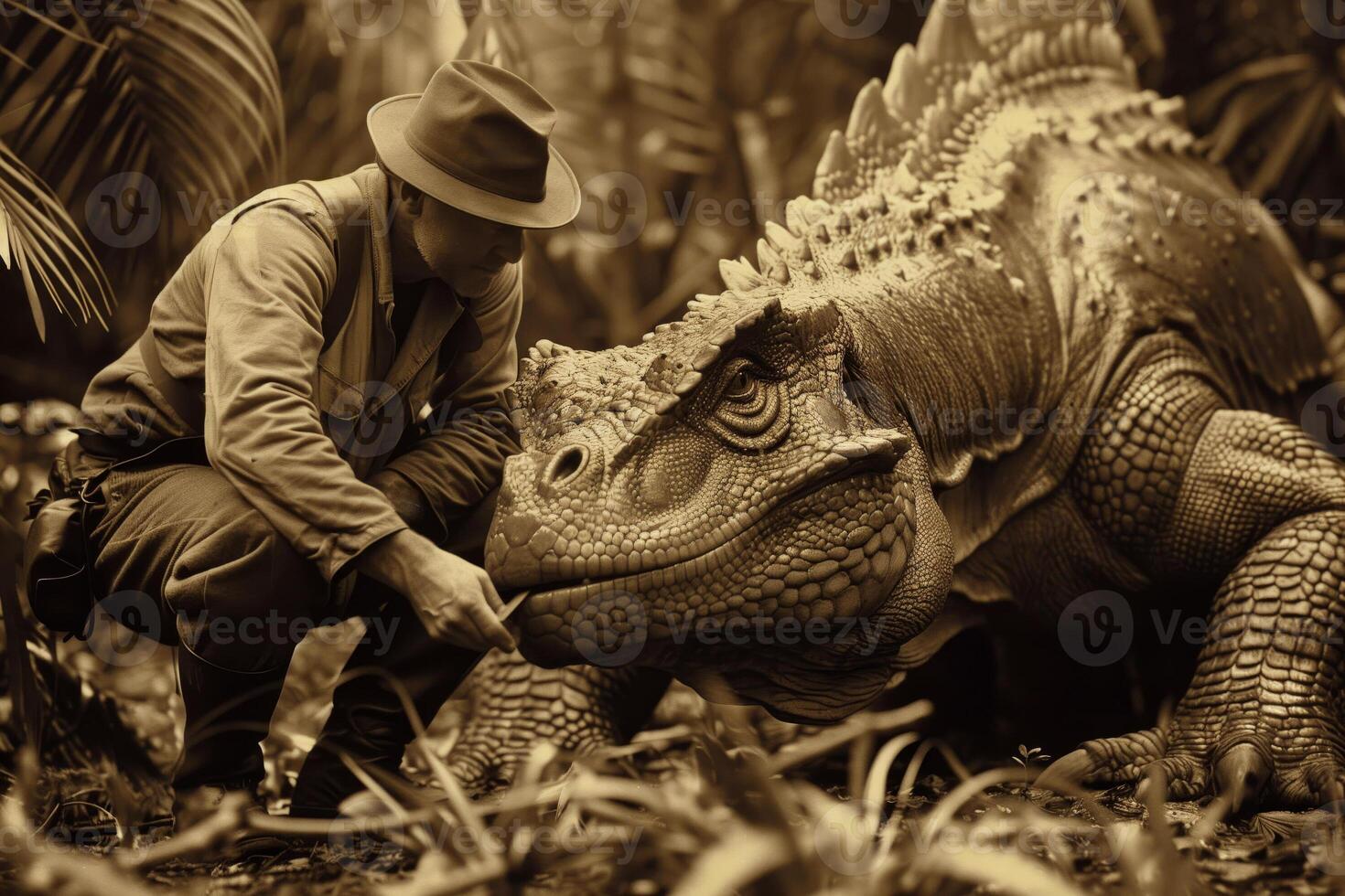 ai genererad orädda explorer ansikten animatronisk dinosaurie, sepia tonad äventyr scen foto