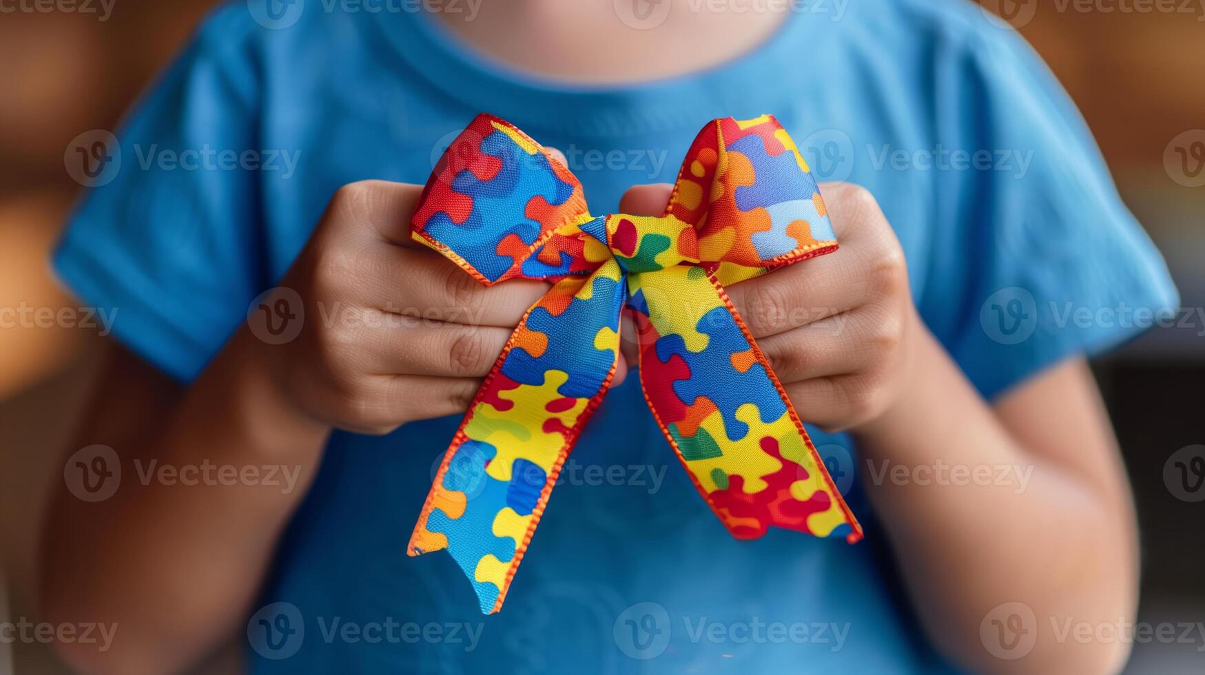 ai genererad childs händer innehav ett autism medvetenhet band med färgrik pussel bitar, representerar mångfald och komplexitet, mot en suddig bakgrund för värld autism medvetenhet dag foto