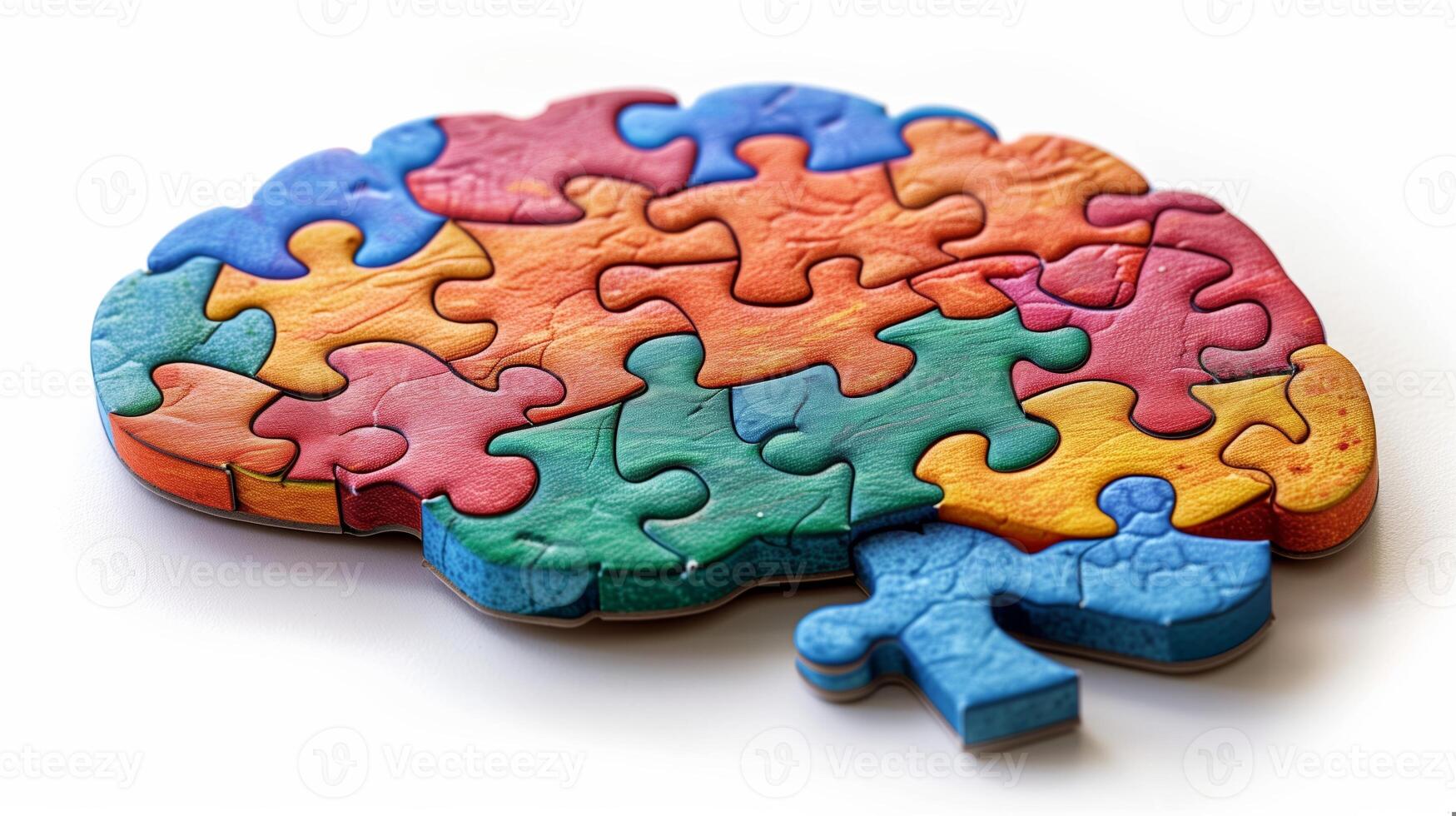 ai genererad färgrik trä- hjärna formad pussel med ett bit saknas, på en vit bakgrund, symboliserar problem lösning, intelligens, och mental hälsa medvetenhet begrepp foto