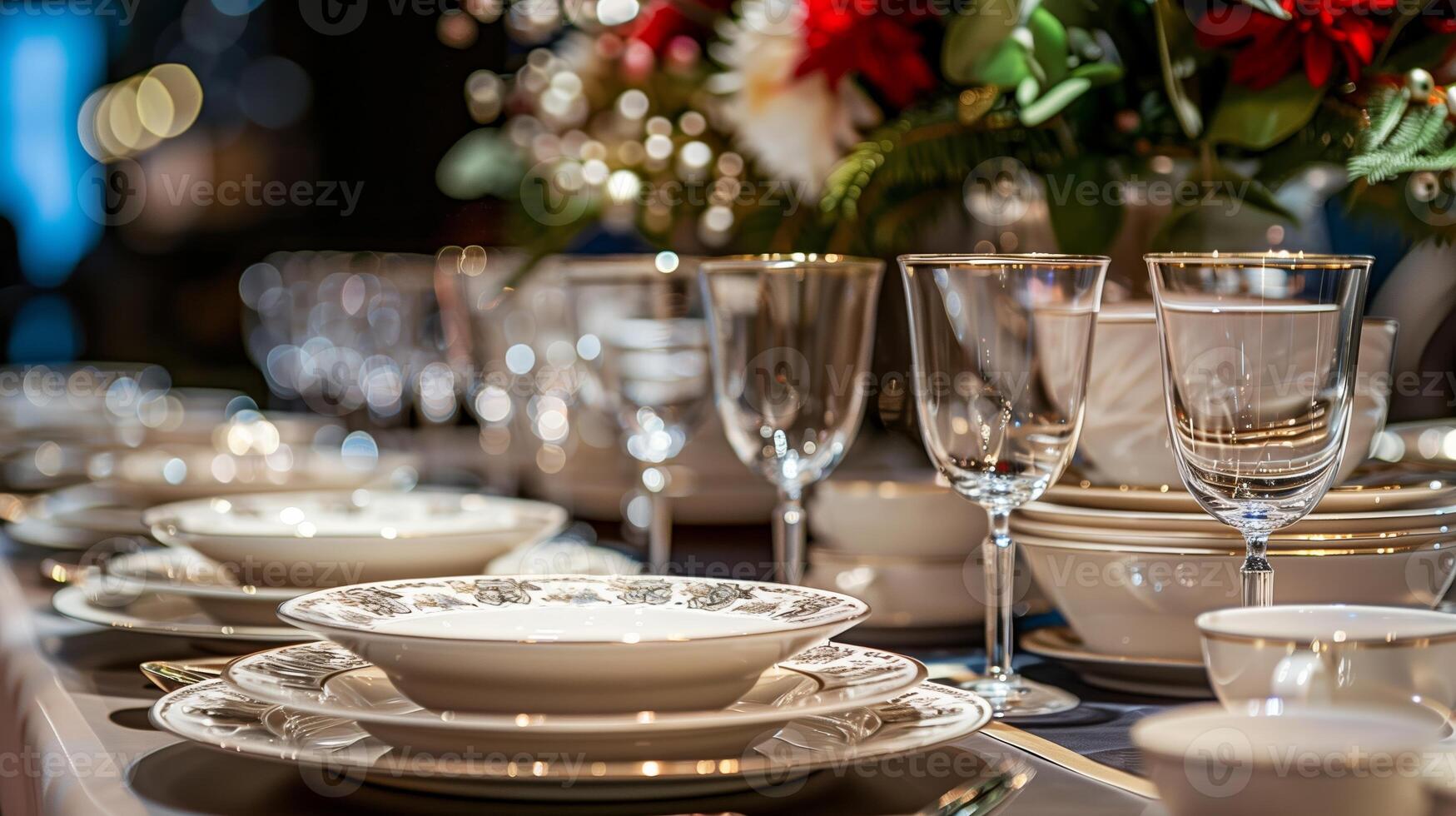 ai genererad elegant Semester tabell miljö med bra Kina och glas, terar festlig jul blommig arrangemang i en lyxig dining atmosfär foto