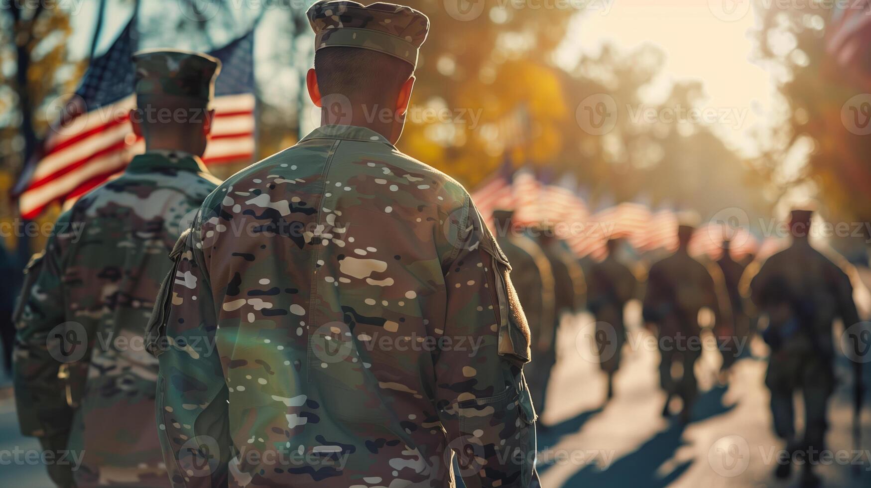 ai genererad uniformerad soldater marscherande med oss flaggor under en patriotisk veteraner dag parad, reflekterande militär service och nationell stolthet, bakgrundsbelyst förbi de gyllene timme Sol foto