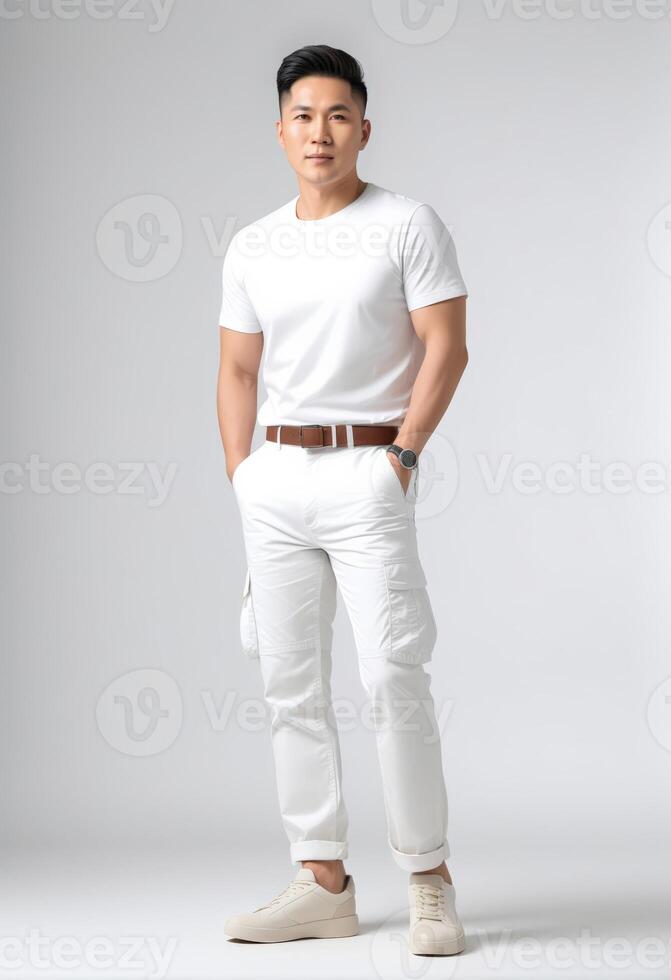 ai genererad självsäker asiatisk man i en tillfällig vit t skjorta och byxor Framställ på en grå bakgrund, lämplig för mode och livsstil innehåll foto