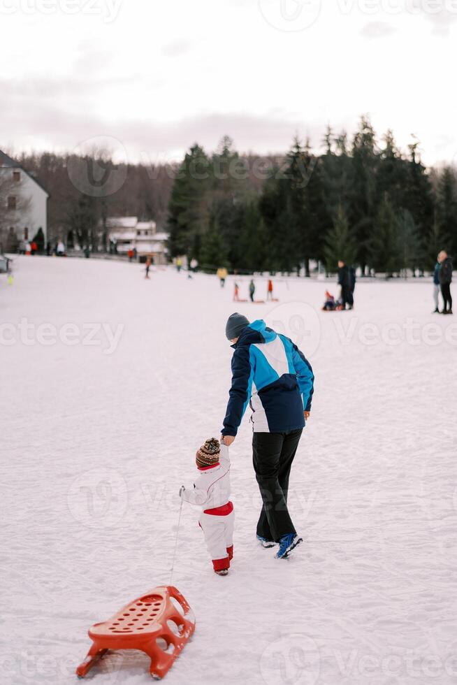 pappa leder förbi de hand en små barn dragande en kälke tvärs över en snöig enkel. tillbaka se foto