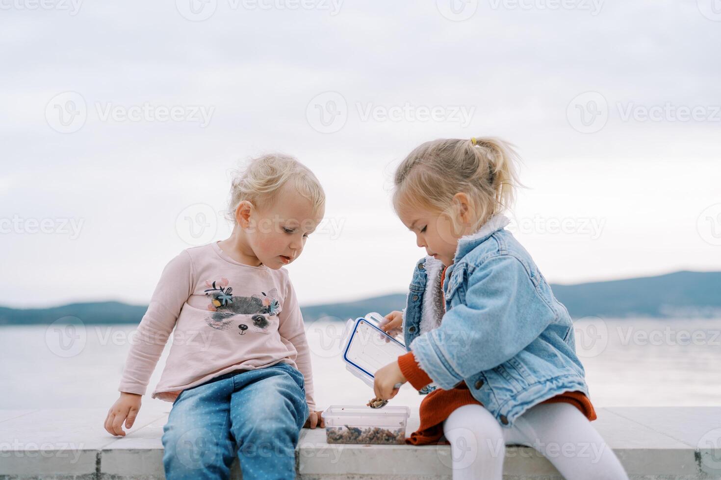 liten flicka klockor henne vän öppen en matlåda och skopa upp granola med en sked medan Sammanträde på en sten staket foto