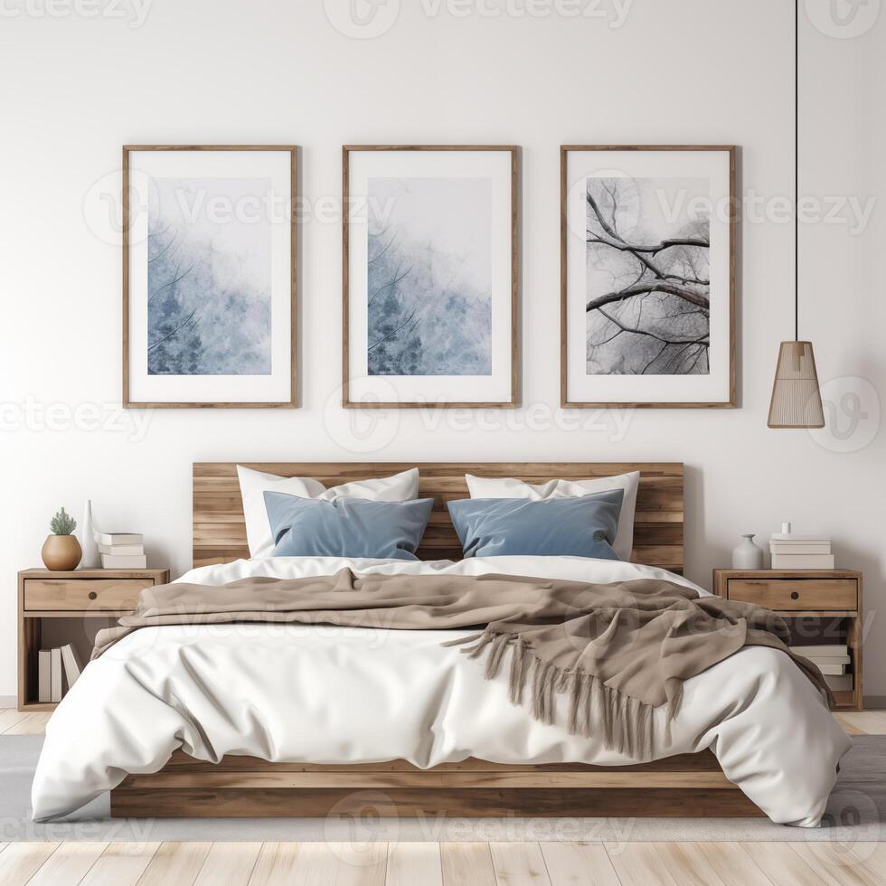 ai genererad rustik trä- säng med blå kuddar och två bedside skåp mot vit vägg med tre posters ramar. bondgård interiör design av modern sovrum foto