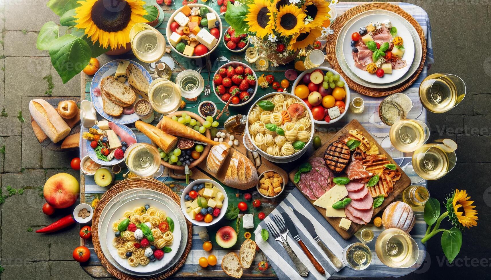 ai genererad top-down se av en "ferragosto" lunch scen, terar färsk pasta sallader, grillad kött, ostar, frukter, och vit vin, i en festlig utomhus- miljö foto
