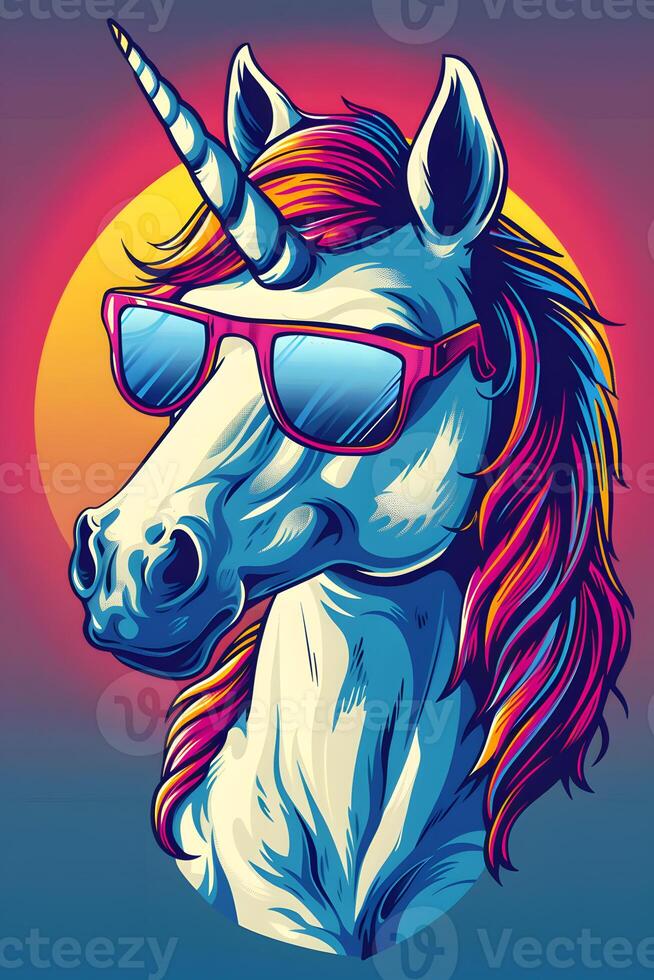 ai genererad de tecknad serie häst har färgrik hår och bär solglasögon foto