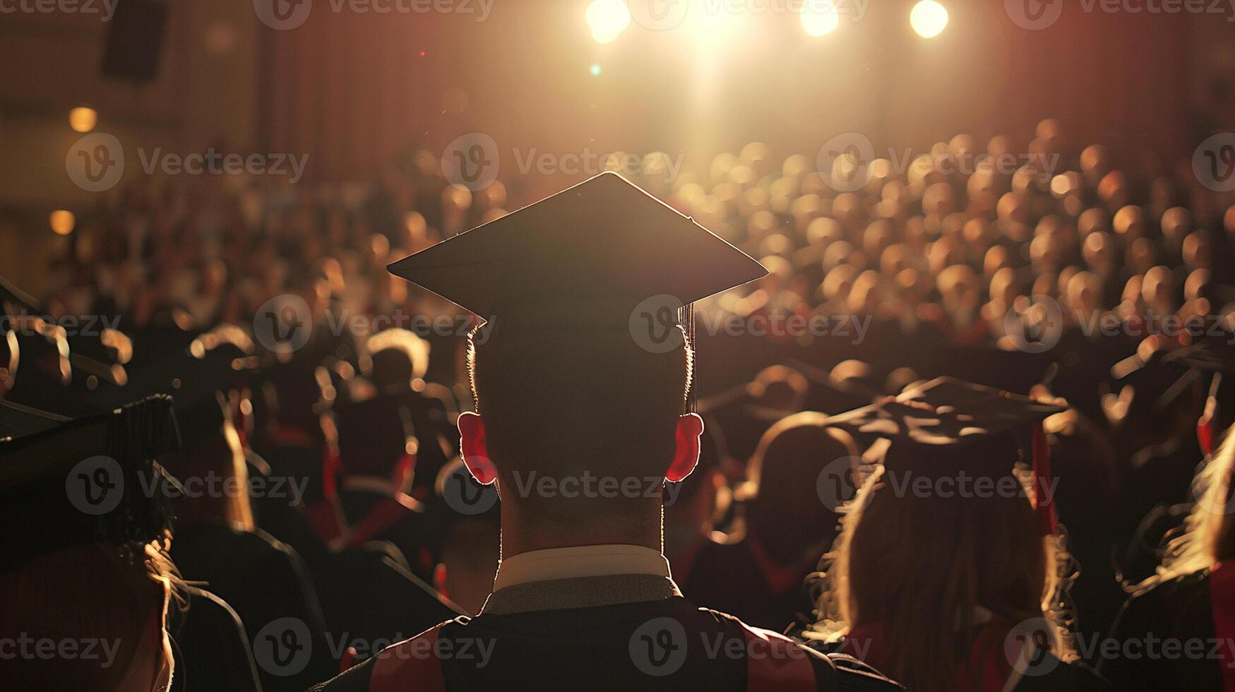 ai genererad universitet gradering firande. bak, tillbaka, högskola, examen, studerande, keps, utbildning, akademisk, hatt, grupp, människor, person, Framgång, skola, prestation, grad foto