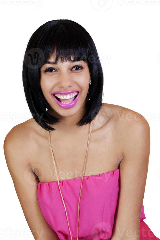 ung afrikansk amerikan kvinna stor öppen mun skratt foto