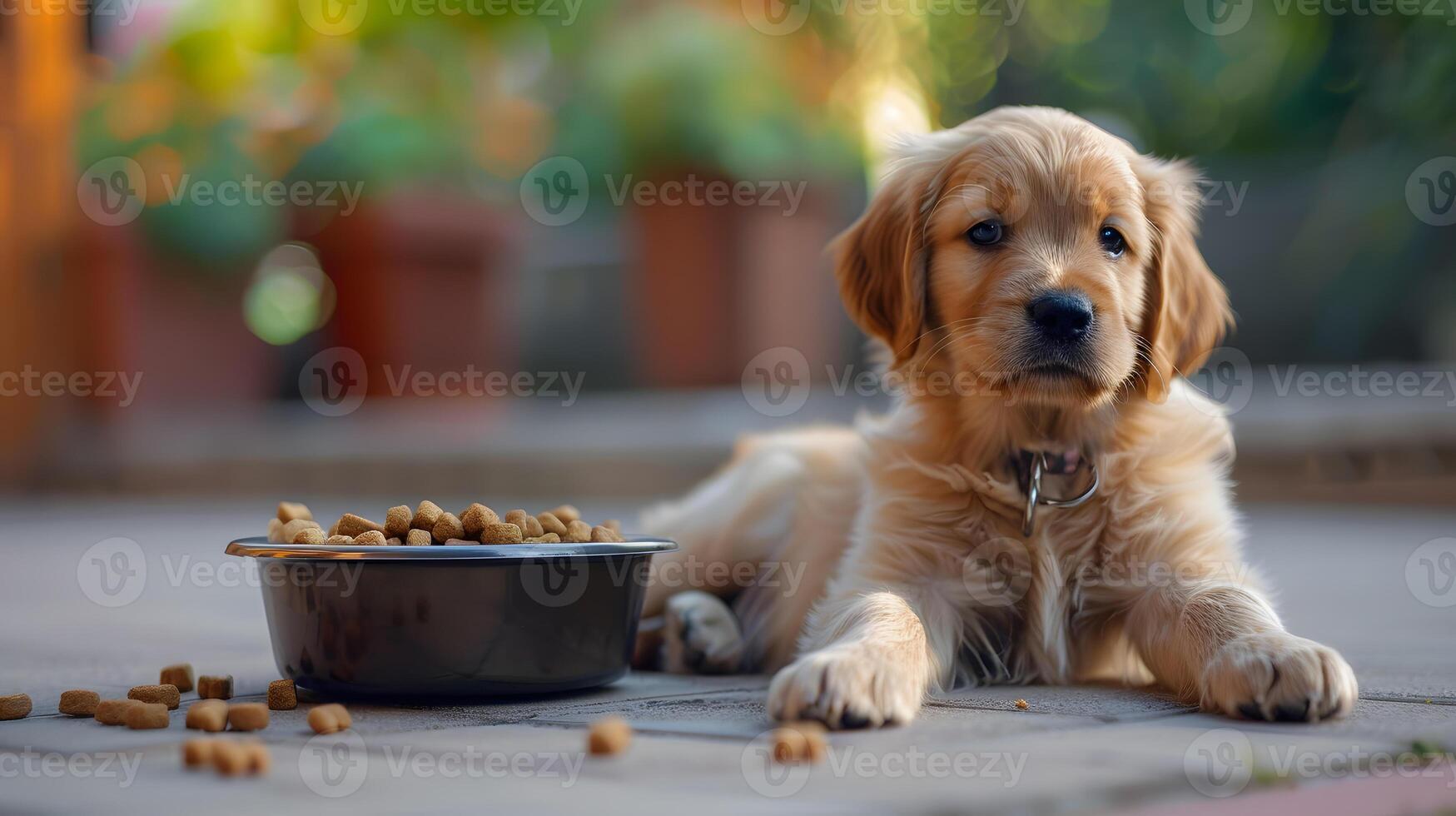 ai genererad en små söt retriever valp nära en skål av mat. ai genererad foto