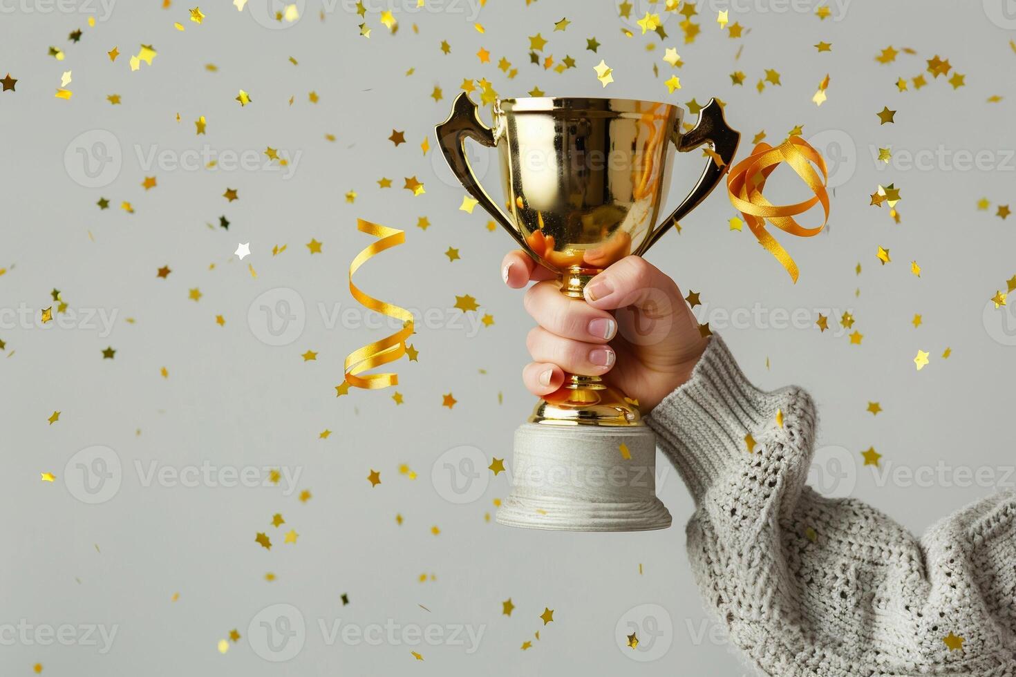 ai genererad händer av företag kvinna innehav och hiss en gyllene trofé, omgivande med Grattis konfetti band flingor. foto