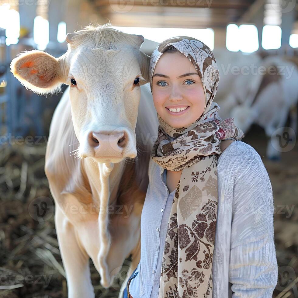 ai genererad Lycklig eid al Adha bakgrund ko med mulim kvinnor för design eid al Adha hälsning kort foto