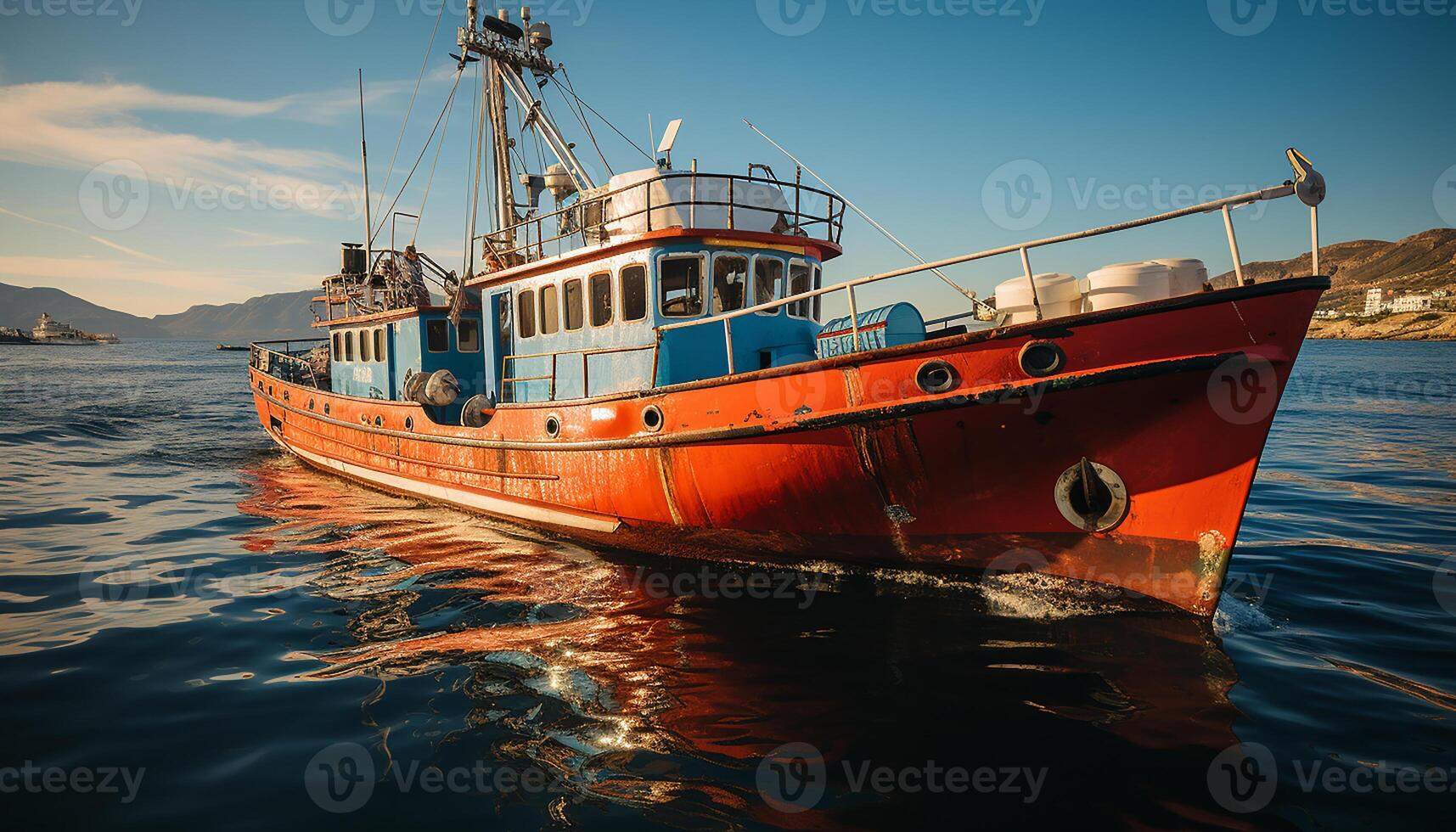 ai genererad en lugn solnedgång, fiske båt förtöjd, natur skönhet på visa genererad förbi ai foto