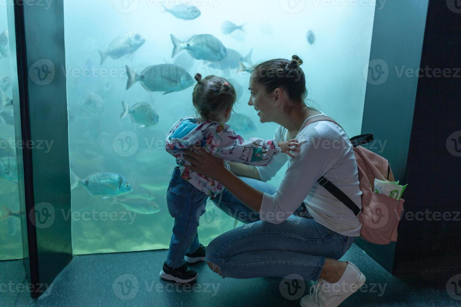 Brest, Frankrike 31 Maj 2018 mamma och hans liten dotter är ser på hav fisk och djur i de akvarium av de oceanopolis foto