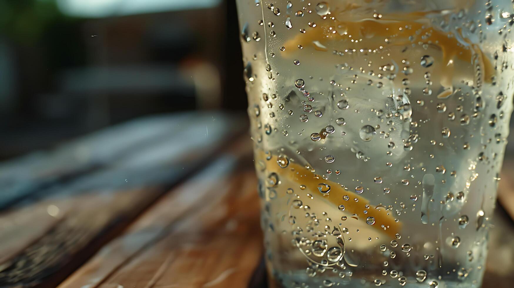 ai genererad uppfriskande citronsaft i kondensering prickade glas badade i mjuk naturlig ljus foto