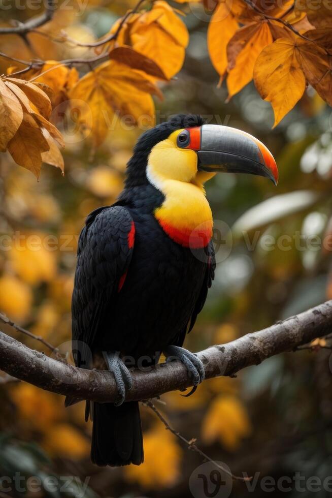 ai genererad toucan på gren i mörk och orange toner foto