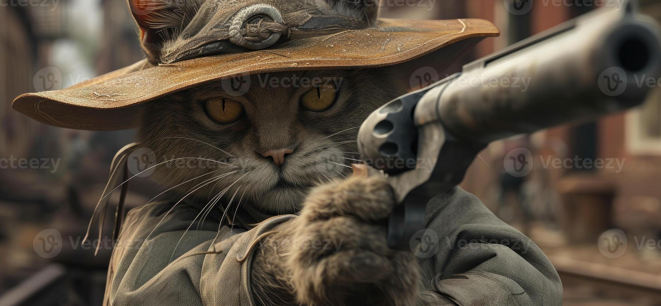 ai genererad katt i en eleganta hatt viftar en skjutvapen självsäkert, ai genererad foto