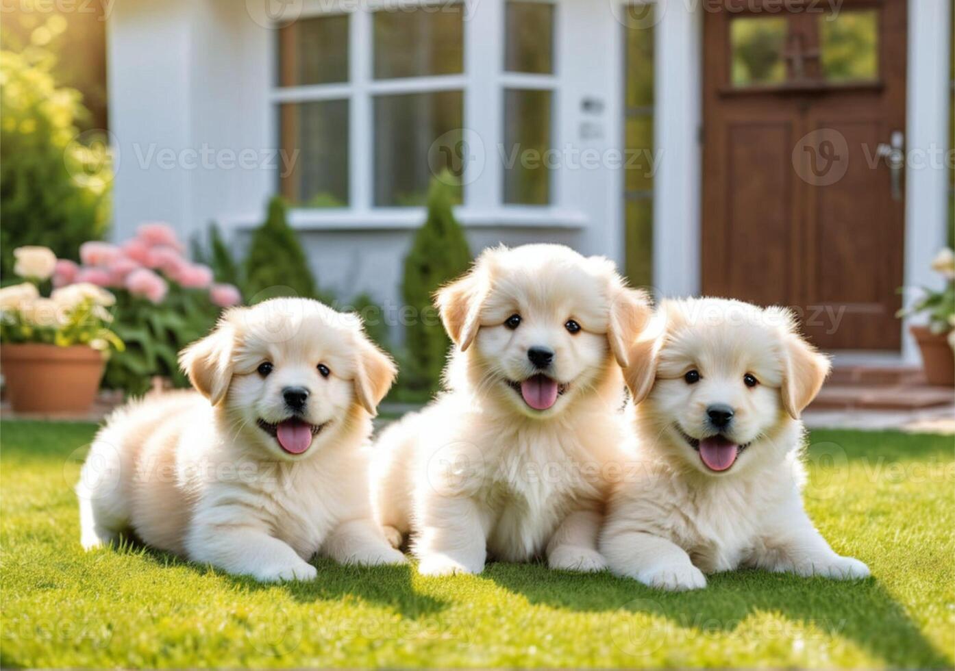 ai genererad söt fluffig liten valpar leka på en gräsmatta nära en skön hus. dess en solig vår dag. foto