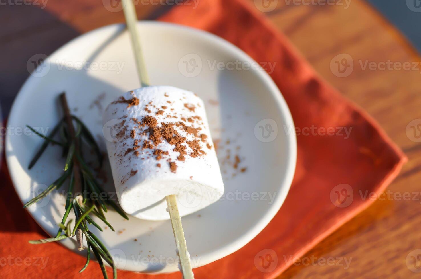 marshmallow med choklad pulver garnering eller marshmallow för fondue foto