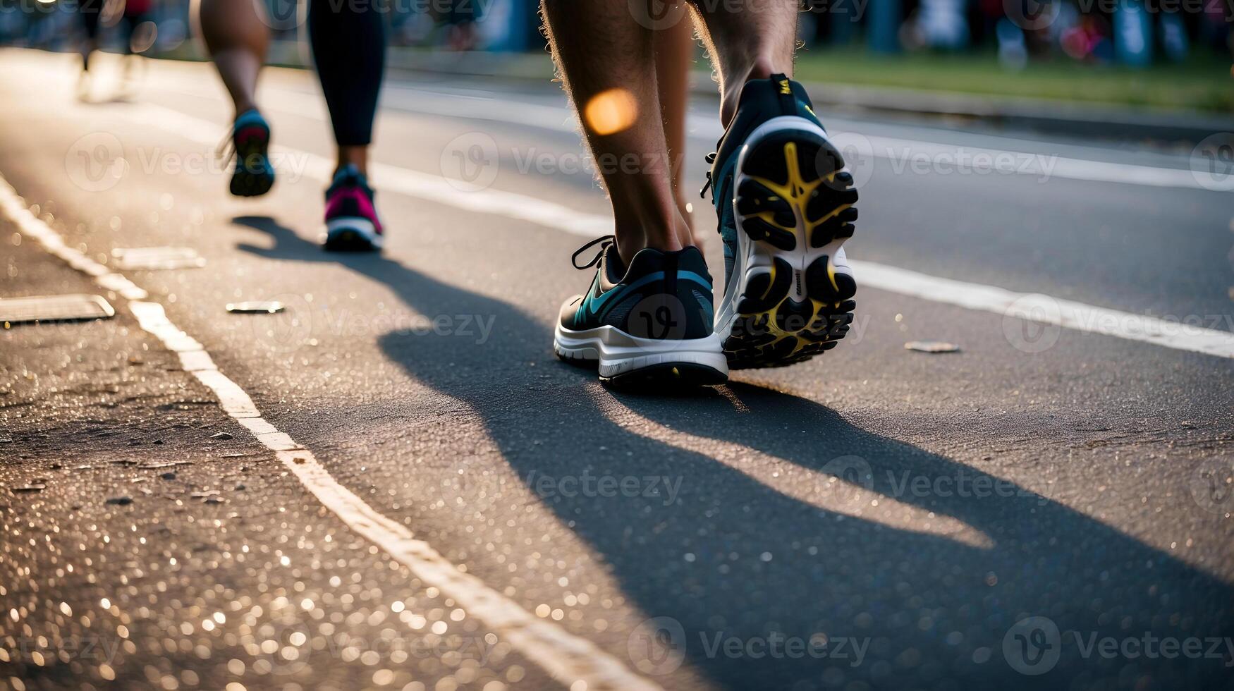 ai genererad ben av löpning maraton deltagarna. grupp av löpare på stad road.marathon löpning lopp, människor fötter på väg foto