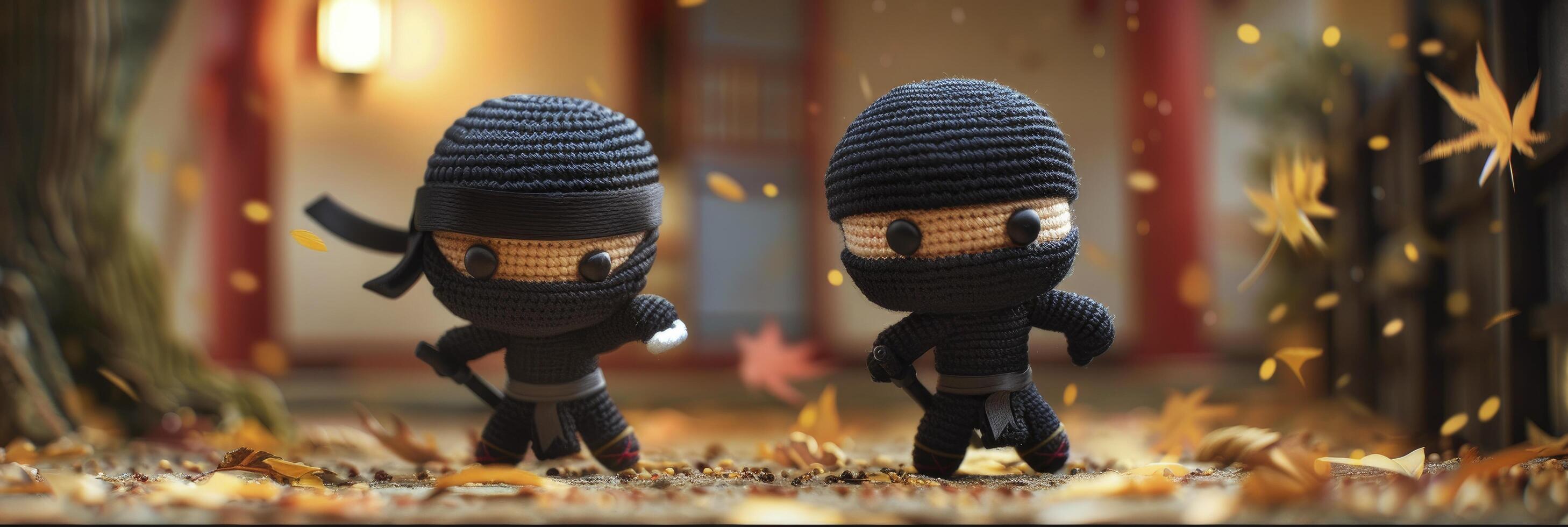 ai genererad nyckfull äventyr. ninja-tema amigurumi tecken gå ombord på ett episk resa. dynamisk poser och dramatisk belysning skapa en lekfull scen i top-down skott. foto