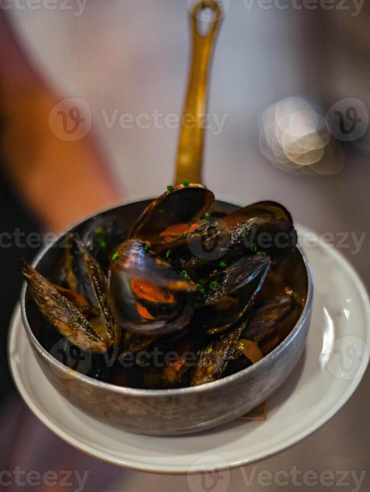 tjänande av provensal musslor, europeisk stil. foto