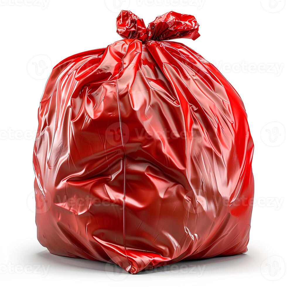 ai genererad röd plast skräp väska isolerat på vit bakgrund med skugga. röd skräp väska isolerat. sopor väska för bioavfall foto