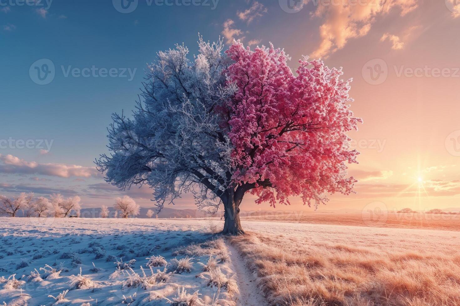 ai genererad fantastisk dubbelsäsong träd, halv täckt i snö och halv i blomma under gyllene solnedgång foto
