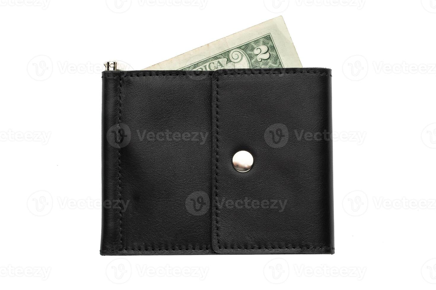 svart manlig plånbok med pengar på vit bakgrund.kompakt plånbok foto