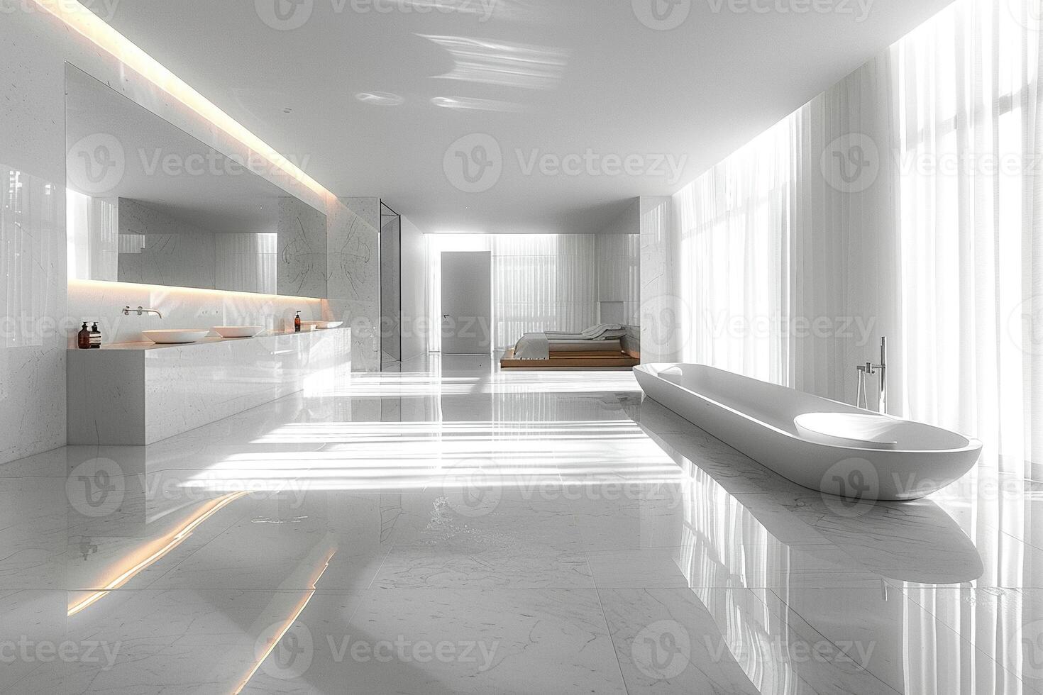 ai genererad modern minimalistisk badrum med rena rader och enfärgad färger foto