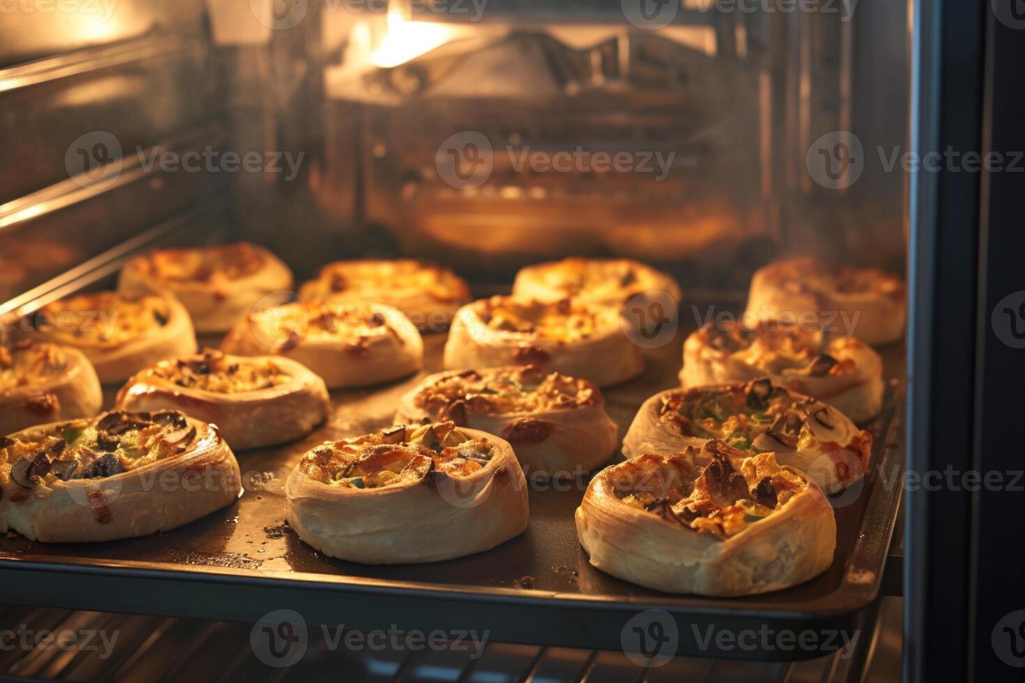 ai genererad välsmakande bakning ögonblick mini kött och svamp paj i industriell ugn foto