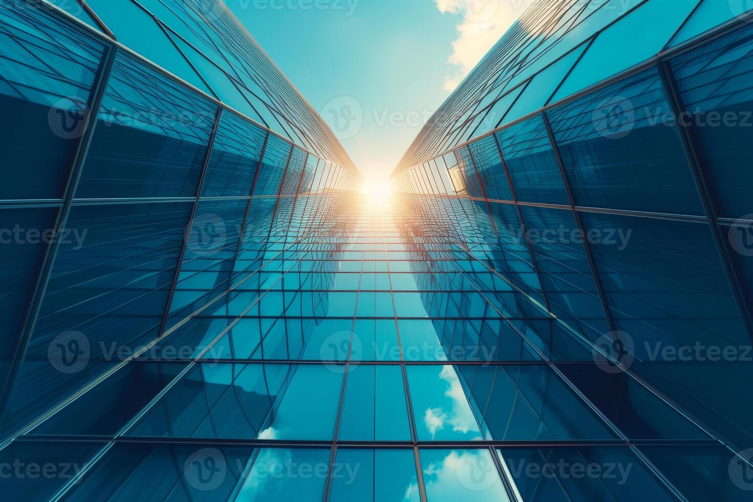 ai genererad en dagsljus scen från en fotgängares perspektiv, ser upp på en höga kontor byggnad mot de ljus blå himmel foto
