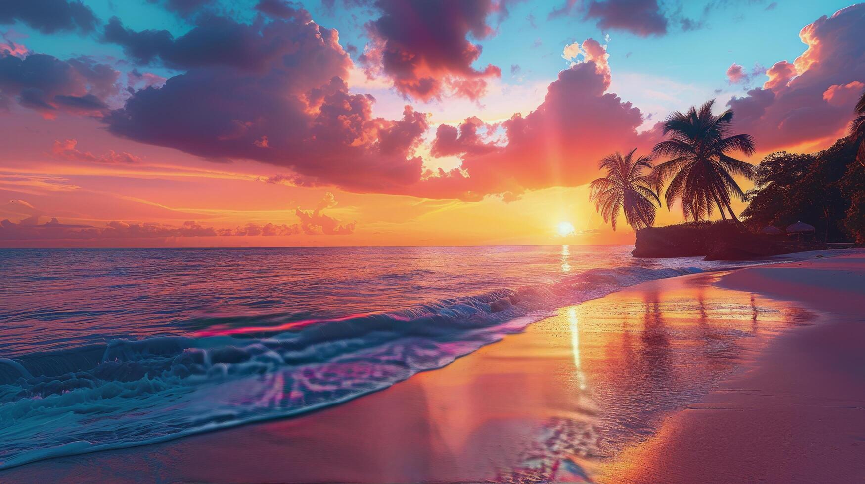 ai genererad fantastisk solnedgång över handflata besatt strand foto