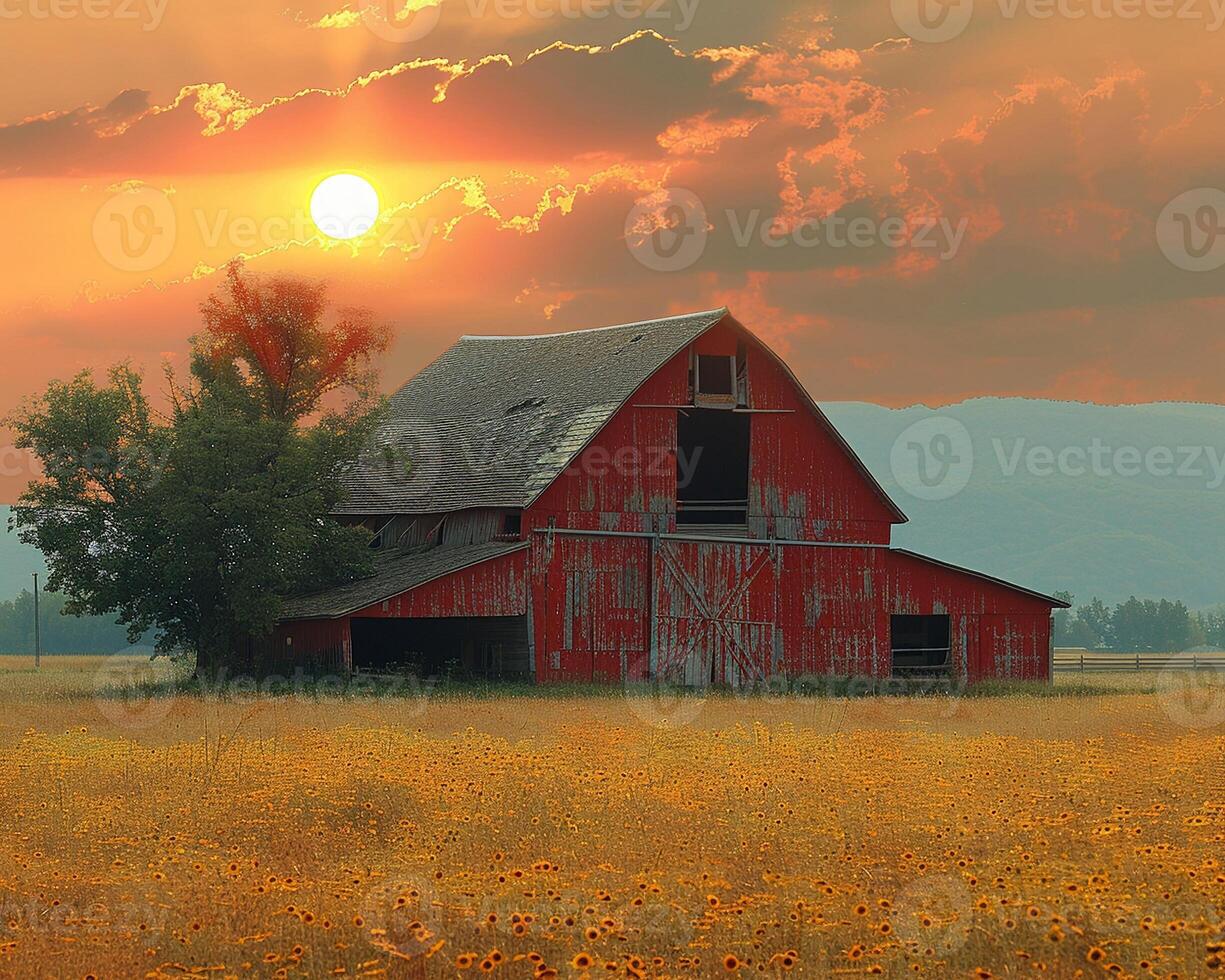 ai genererad rustik ladugård i en gyllene fält på solnedgång foto
