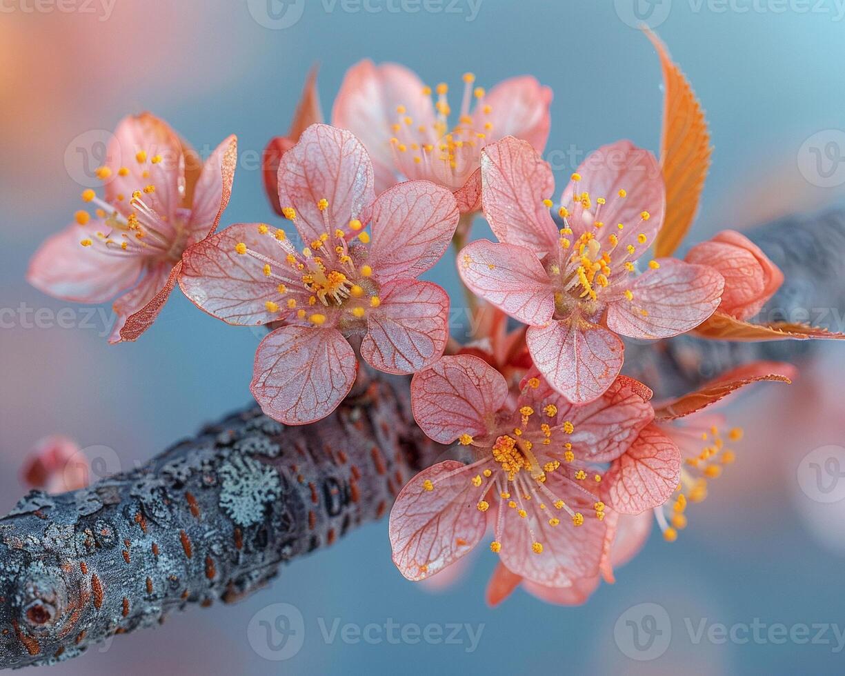 ai genererad blomning körsbär blommar mot blå himmel idealisk för vår och blommig teman. grov bark textur av ett gammal träd foto