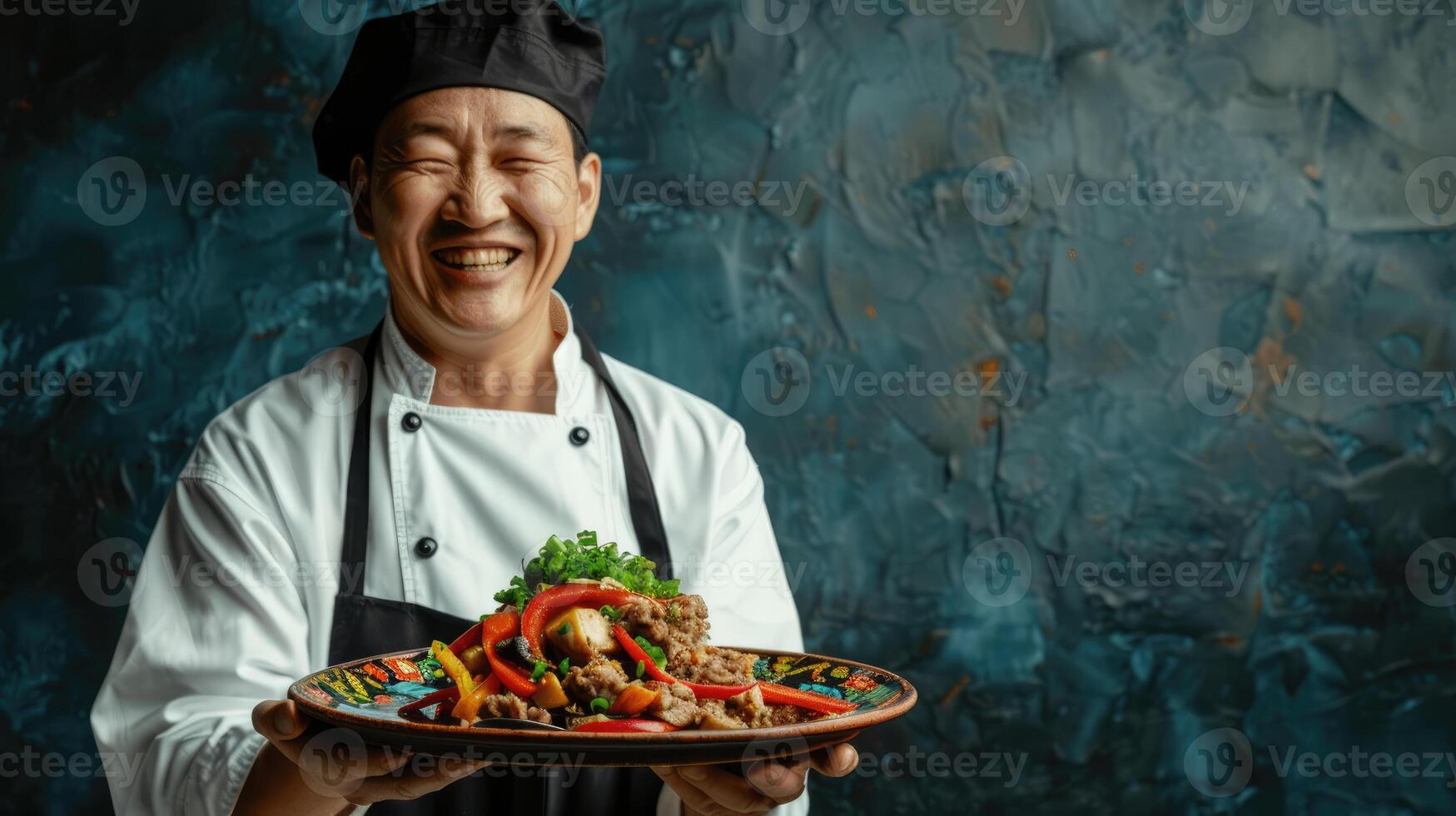 ai genererad leende medelålders kock innehav en tallrik av traditionell söder koreanska mat foto