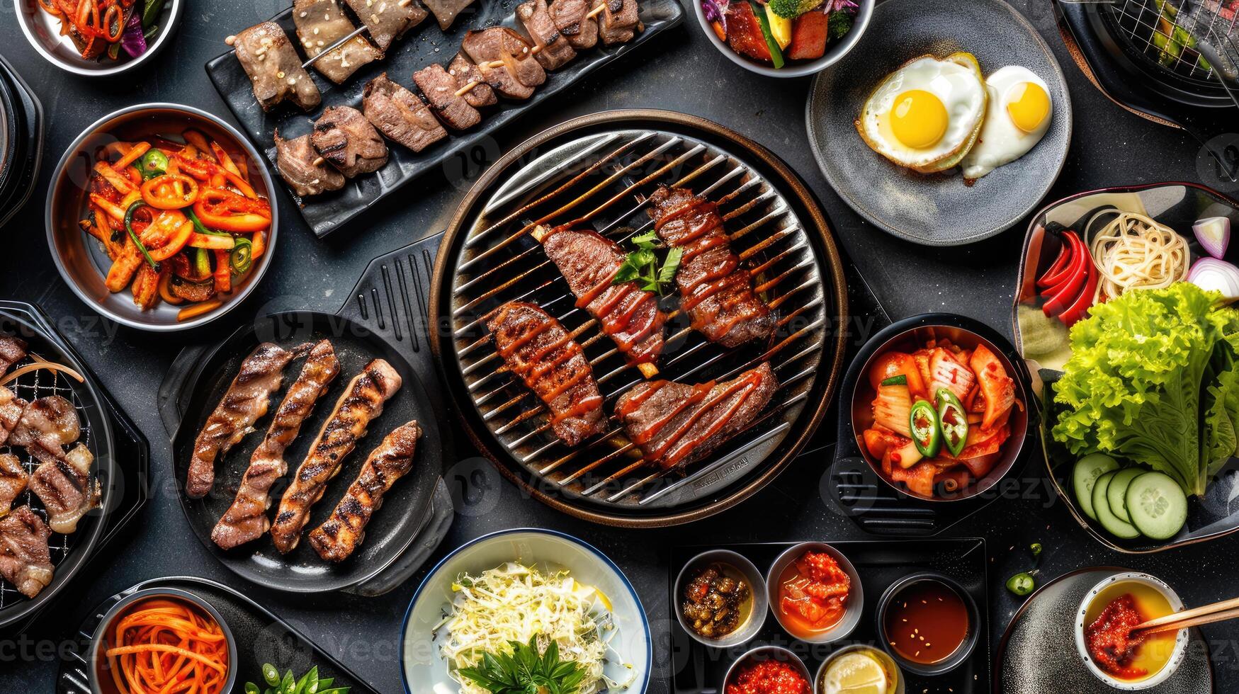 ai genererad stänga upp skott av de fräsande kött på de koreanska grill omgiven förbi sortiment av sida maträtter färsk grönsaker i modern porslin foto