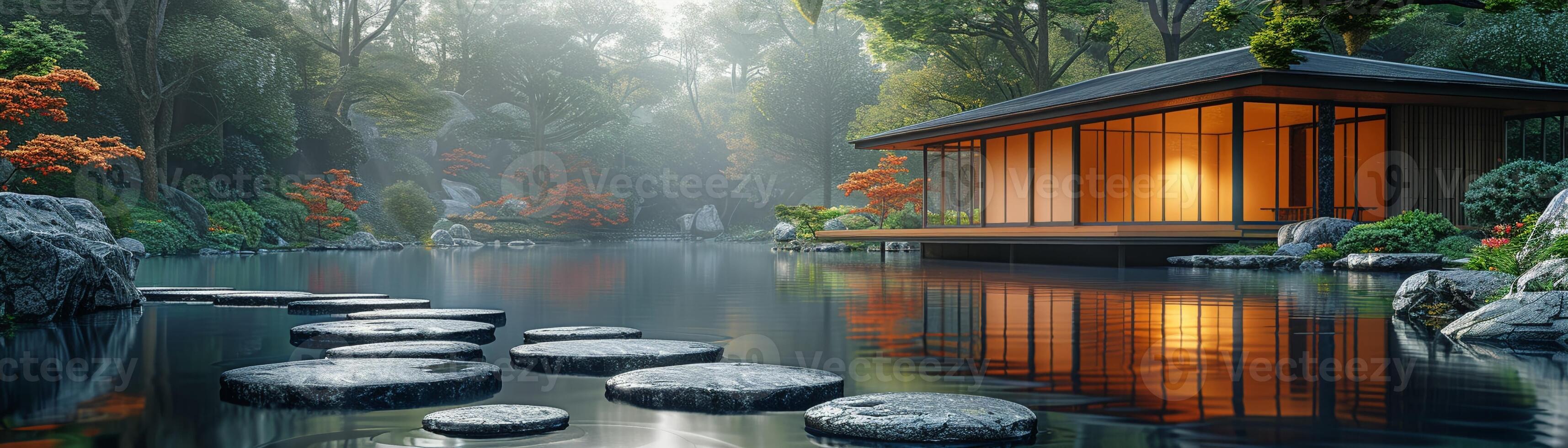ai genererad lugn japansk koi damm trädgård med stepping stenar och traditionell te hus. foto