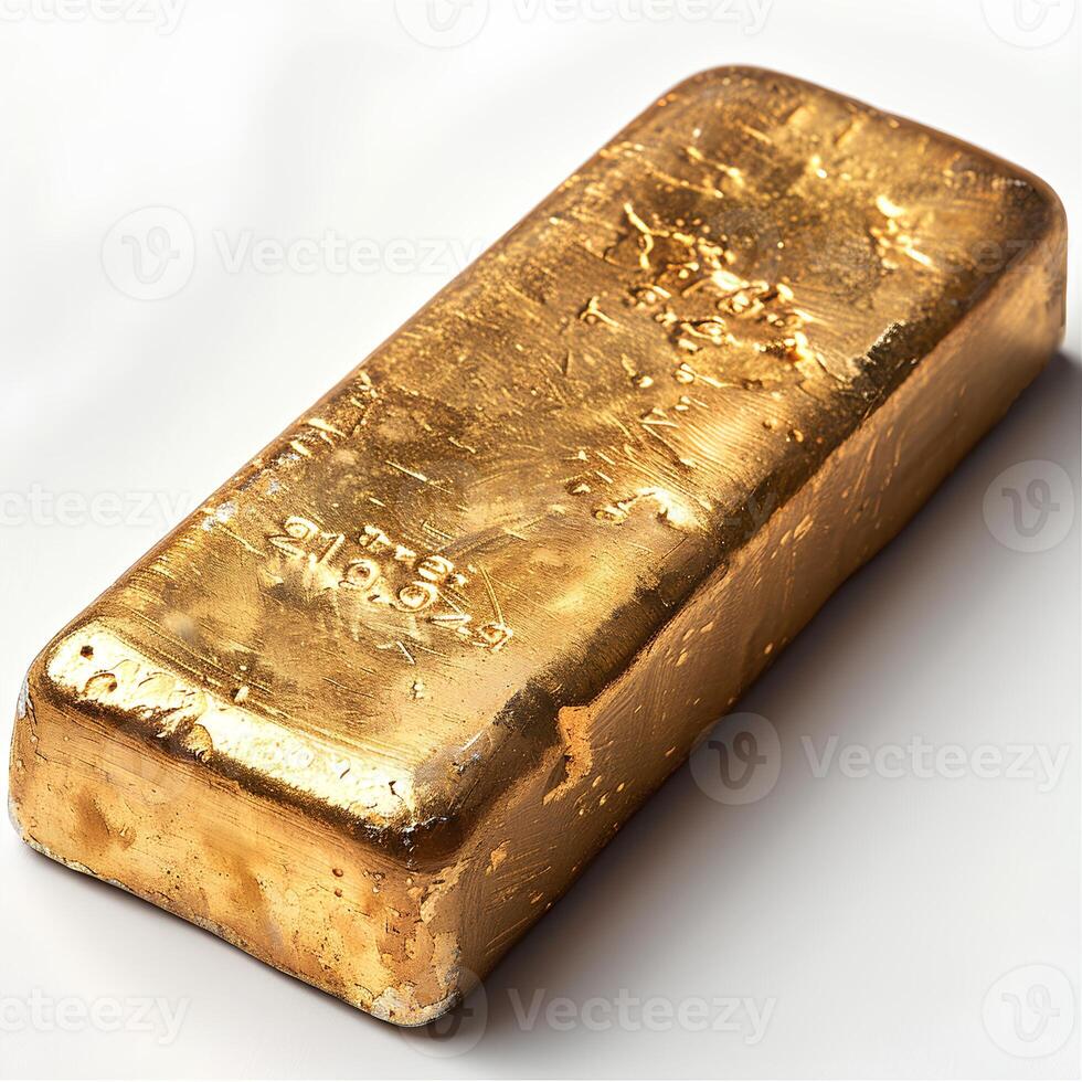 ai genererad guld bar isolerat på vit bakgrund med skugga. guld bar isolerat. reflekterande guld bar för smältning foto