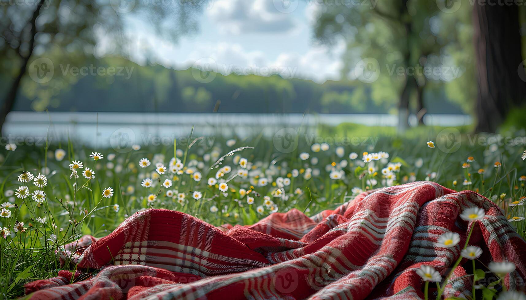 ai genererad filt i de grön gräs för picknick. picknick tid under sommar tid i natur. närbild av picknick filt i grön frodig natur full av träd och blommor foto