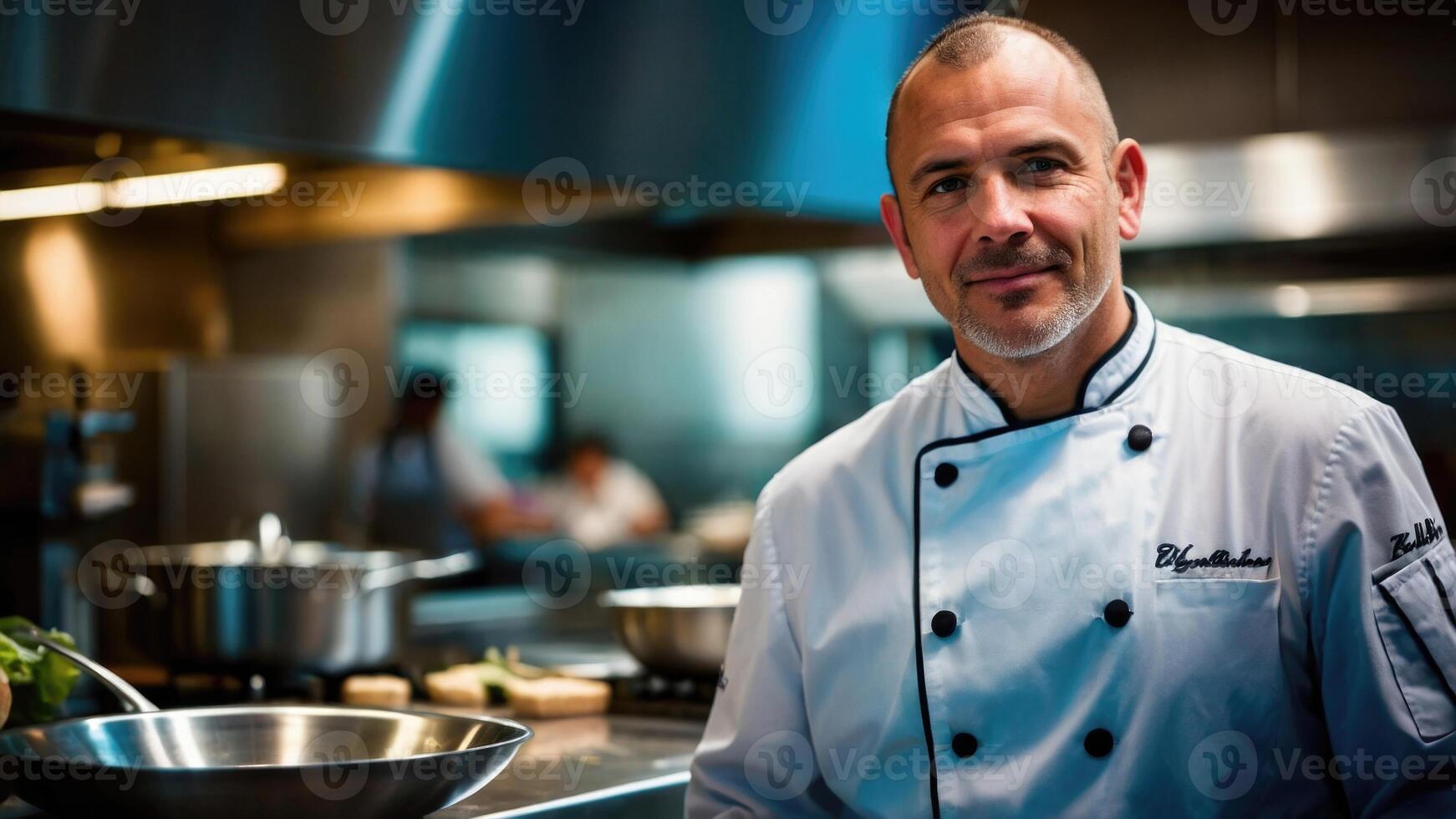 ai genererad leende manlig känd kock av en stor restaurang i en modern kök foto