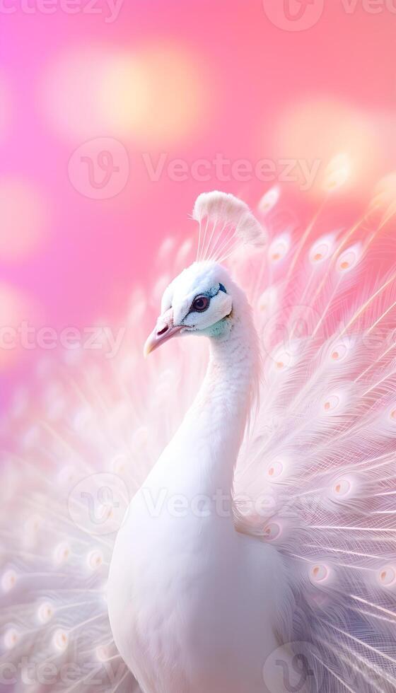 ai genererad vit påfågel på suddig rosa bakgrund foto