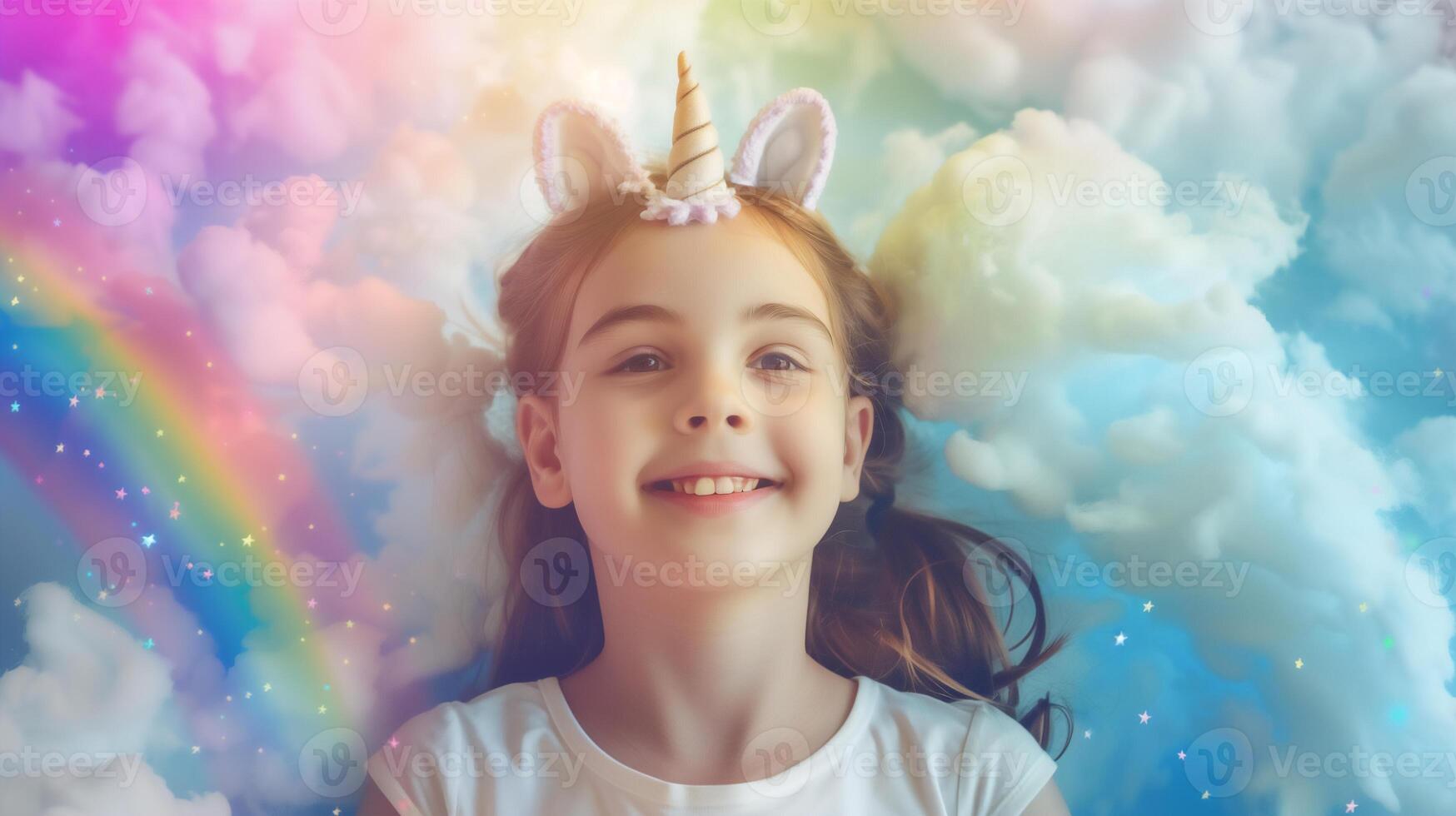 ai genererad en ung flicka har roligt spelar i henne tankar ha på sig pannband som enhörning ,flicka med moln och regnbåge pop- upp ovan henne huvud . foto