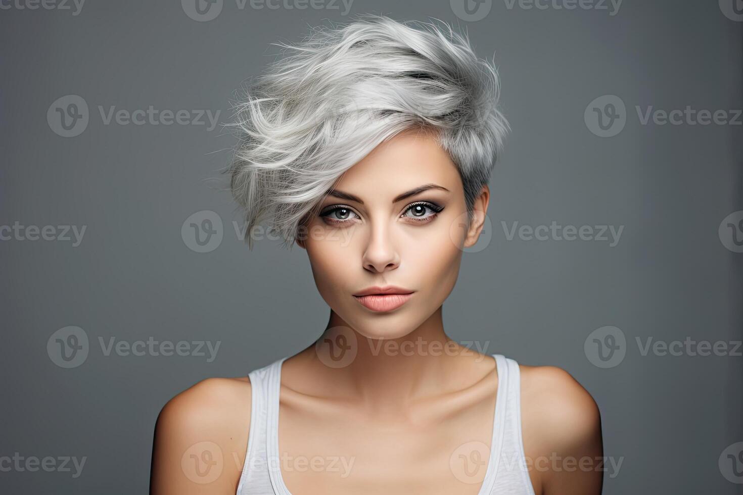 ai genererad kvinna med kort grå hår foto